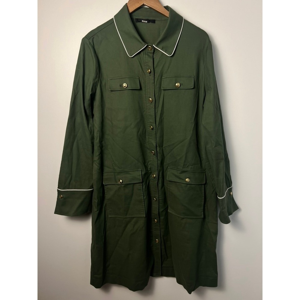 Worth New York Shirt Dress 16 Green Utility Military Gold Button Long Sleeve